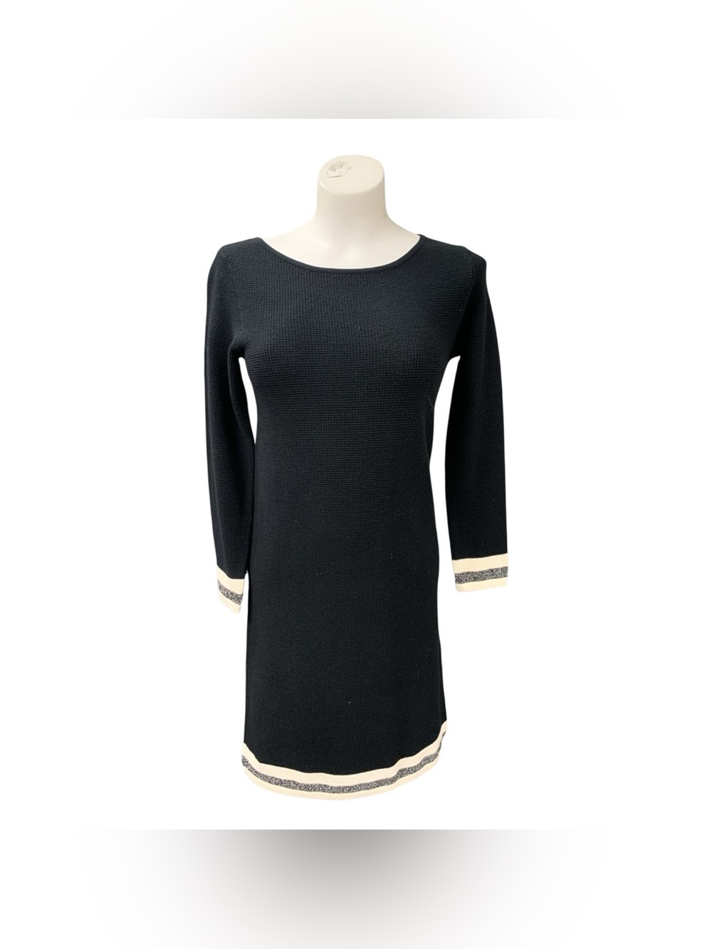 Dalia Black Knit Long-Sleeve Shift Dress with Cream Trim Size M